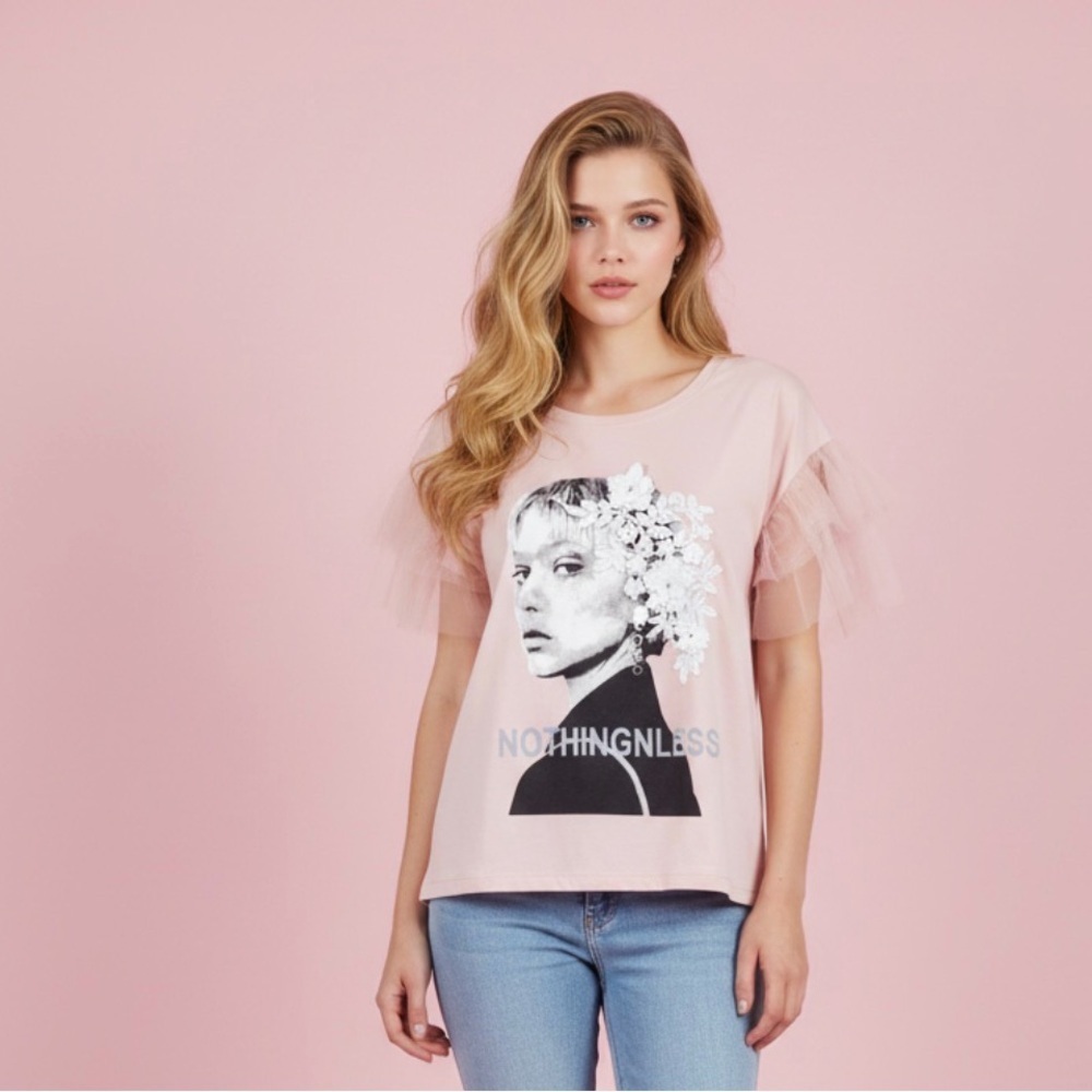 Nothingless Graphic Tulle Sleeve Top